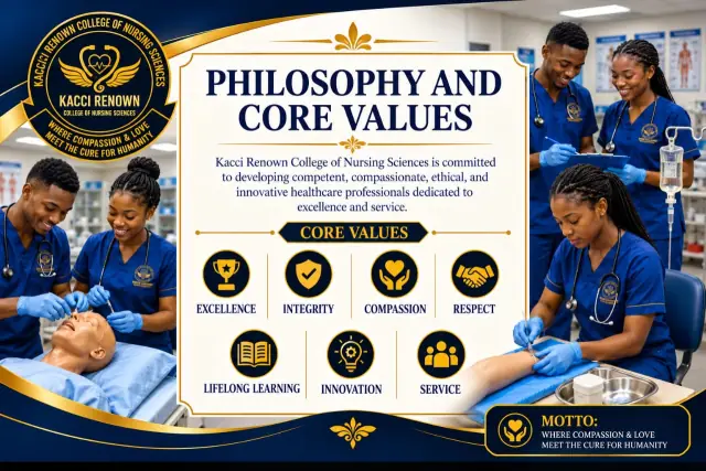 Philosophy and core values: excellence, integrity, compassion, respect, lifelong learning, innovation and service